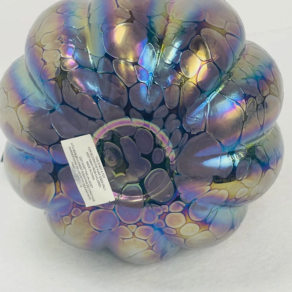 Tahari Home Iridescent Glass Pumpkin Oil Slick Rainbow Bubble Decor 7.5 Inch NEW